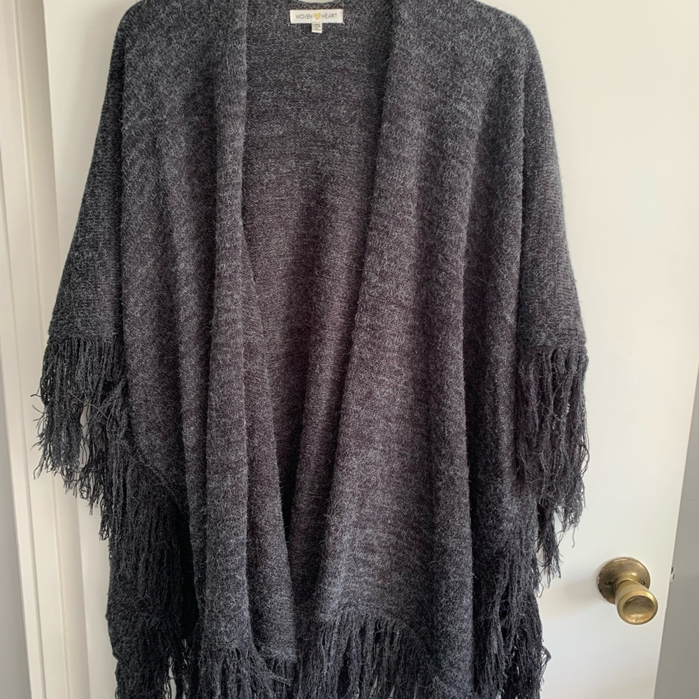Woven Heart Charcoal Fringe Poncho